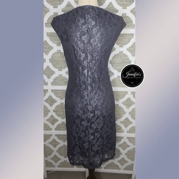 Coldwater Creek NWT Metallic Slate Gray Floral Lace Twisted Waist Dress Size 14 - Picture 8 of 13
